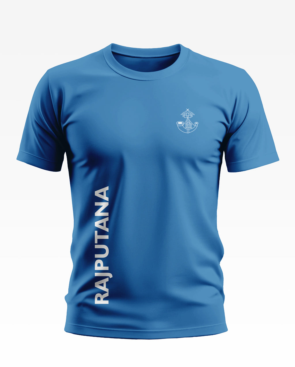 Blue men's t-shirt with RAJPUTANA text and regimental crest on chest, front view
