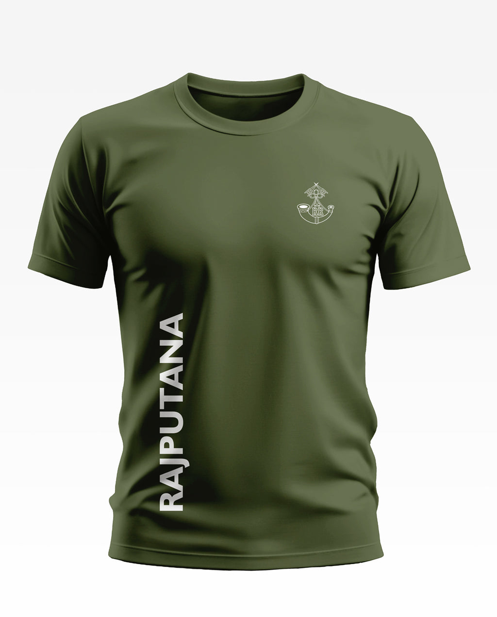 Olive green men's t-shirt with RAJPUTANA text and regimental crest print