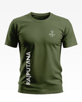 Olive green men's t-shirt with RAJPUTANA text and regimental crest print