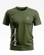 Olive green men's t-shirt with RAJPUTANA text and regimental crest print