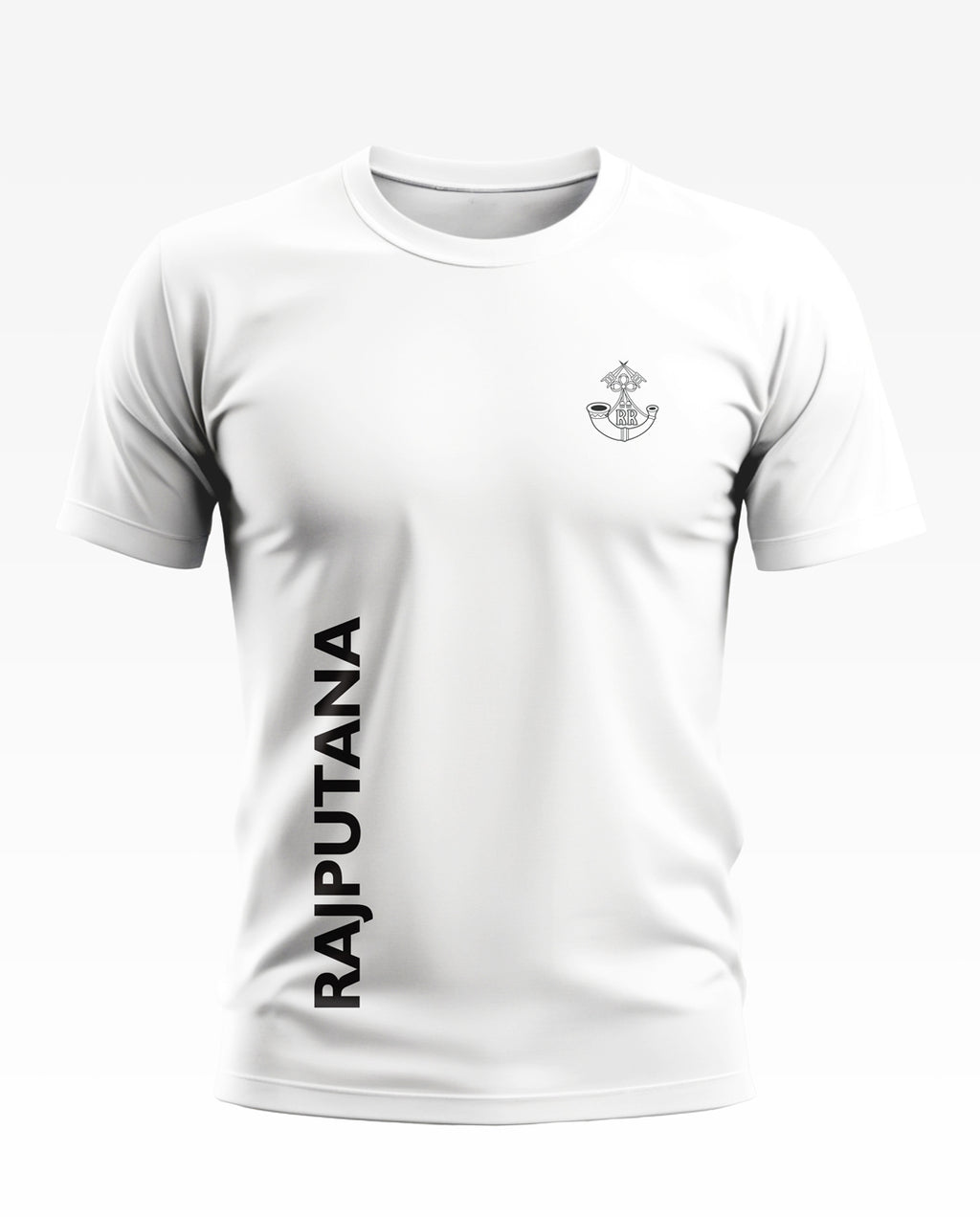 White men's t-shirt with RAJPUTANA text and military-inspired emblem on chest