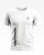 White men's t-shirt with RAJPUTANA text and military-inspired emblem on chest
