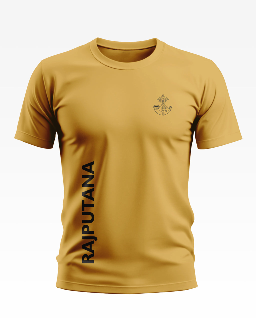 Yellow men's t-shirt with Rajputana vertical text and military-inspired chest emblem.