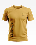 Yellow men's t-shirt with Rajputana vertical text and military-inspired chest emblem.