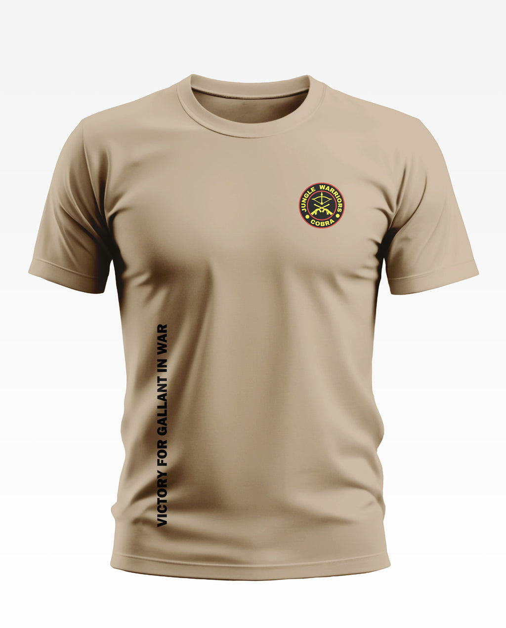 Beige men's t-shirt with Jungle Warriors Cobra logo and Victory for Gallant in War text