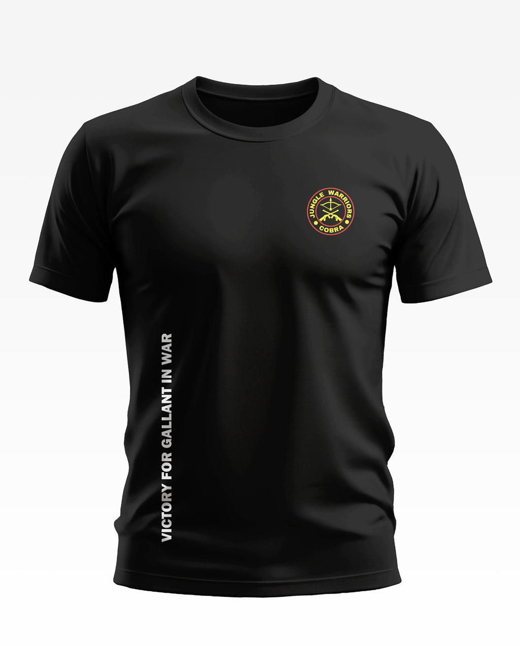 Black men's t-shirt with Jungle Warriors Cobra army-inspired chest logo and victory slogan print