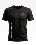 Black men's t-shirt with Jungle Warriors Cobra army-inspired chest logo and victory slogan print