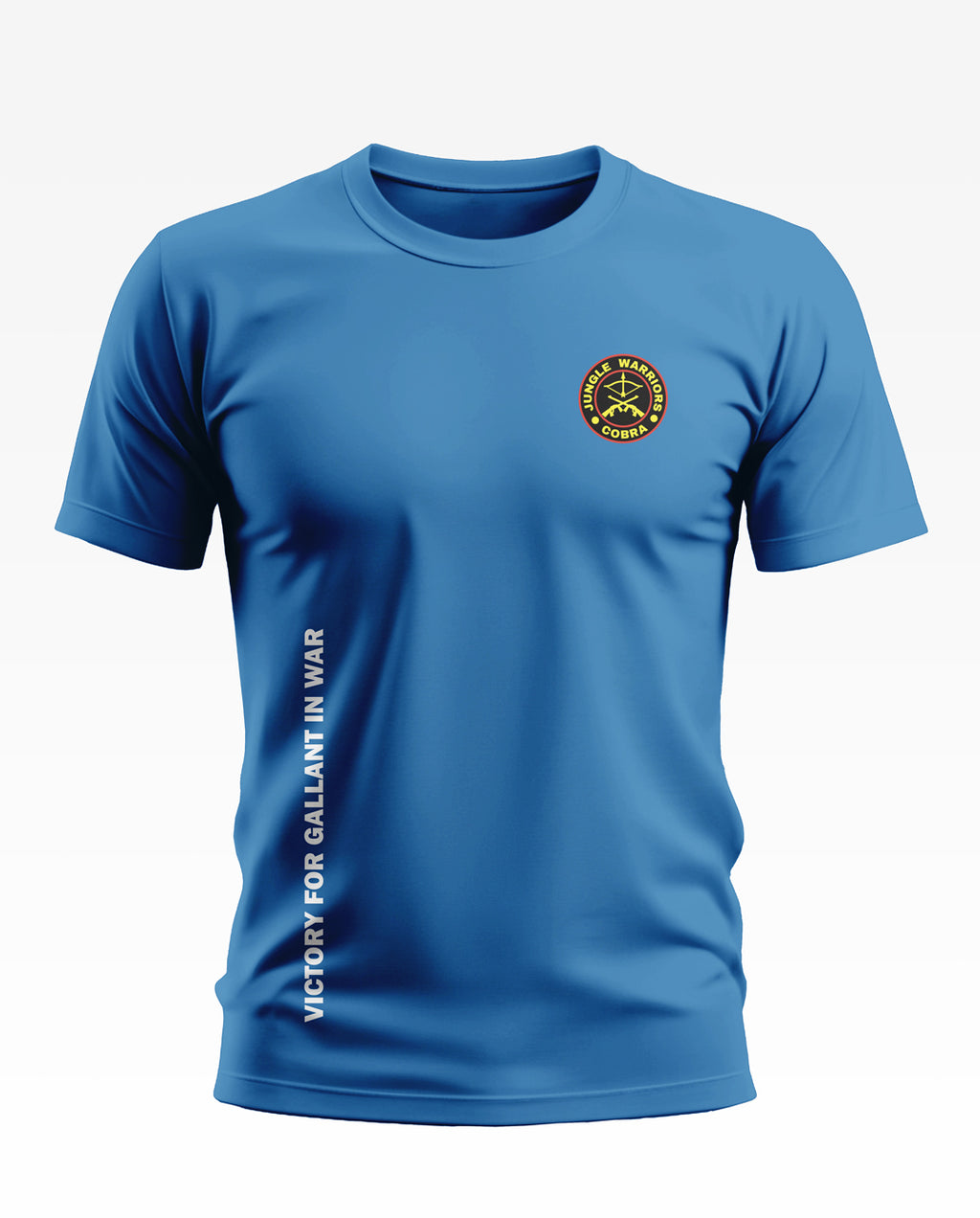 Blue men's army-inspired t-shirt with Jungle Warriors Cobra badge and 'Victory for Gallant in War' text.