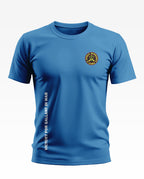 Blue men's army-inspired t-shirt with Jungle Warriors Cobra badge and 'Victory for Gallant in War' text.