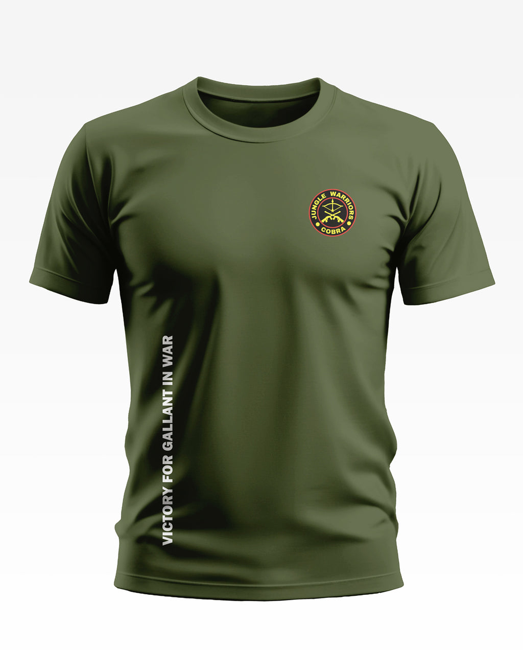 Green men's t-shirt with 'Jungle Warriors Cobra' army-style badge and 'Victory for Gallant in War' text.