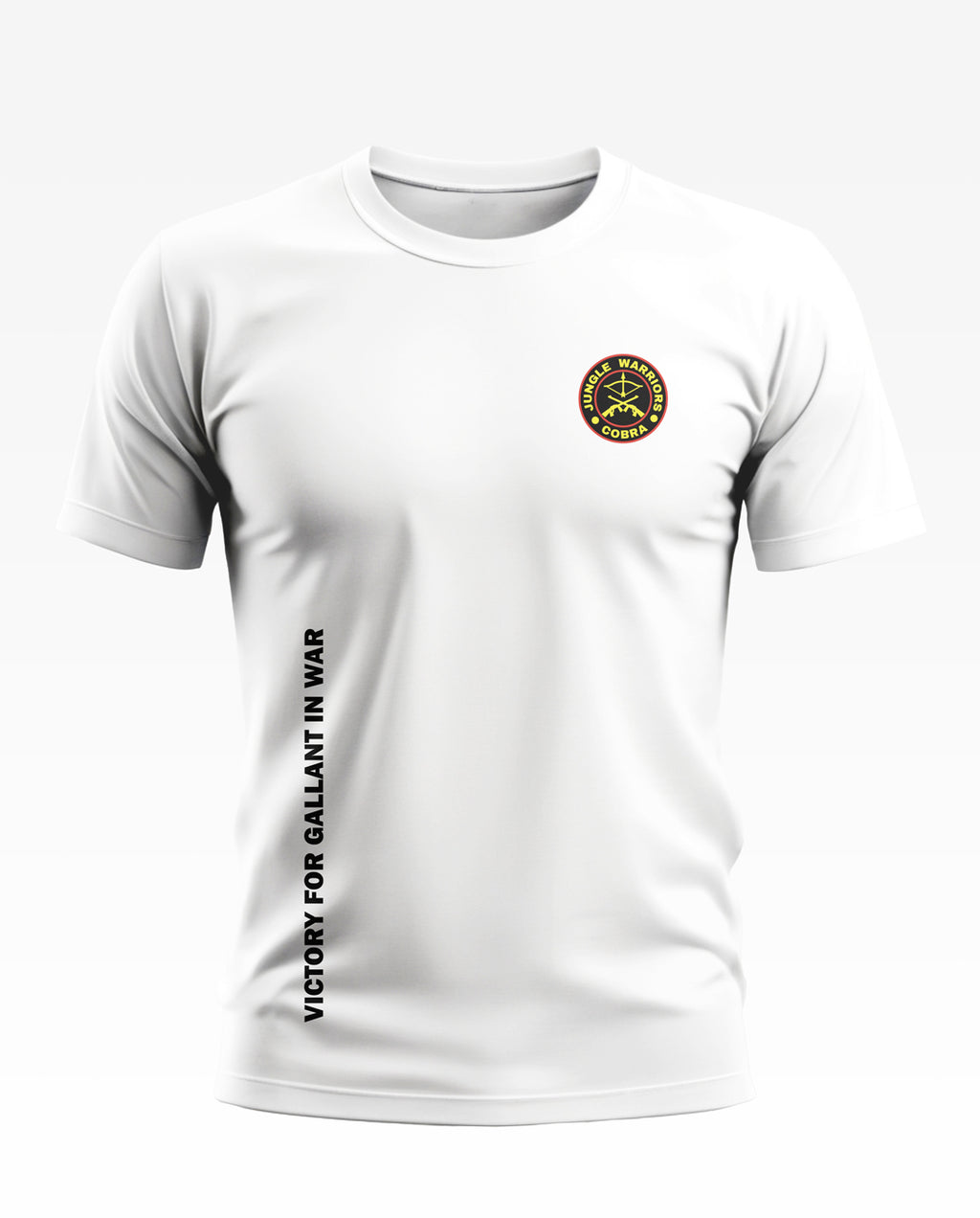 White men's t-shirt with small 'Jungle Warriors Cobra' badge and 'Victory for Gallant in War' text.
