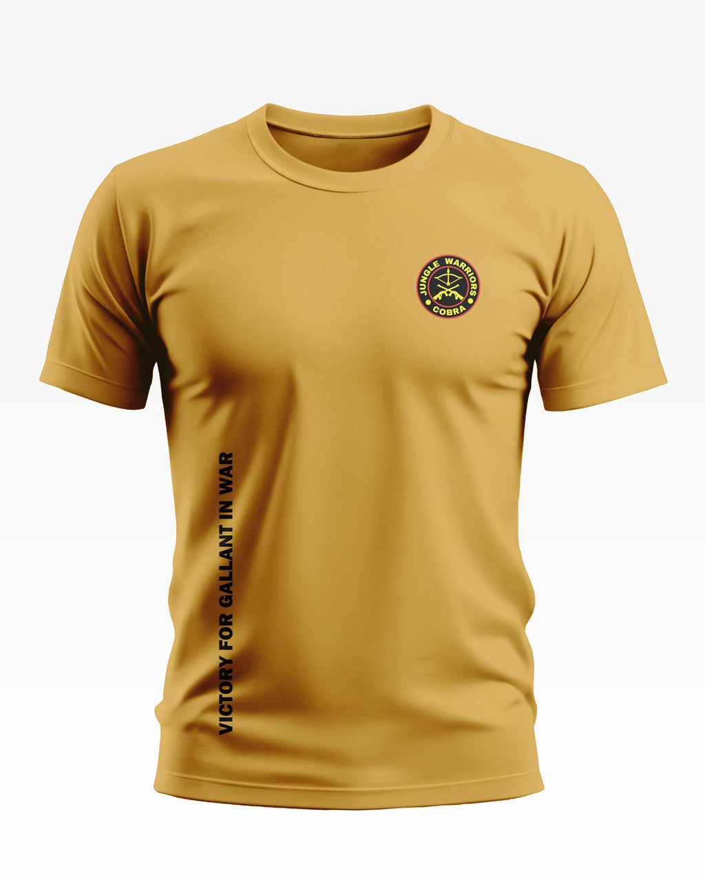 Yellow men's t-shirt with 'Jungle Warriors Cobra' chest logo and 'Victory for Gallant in War' text