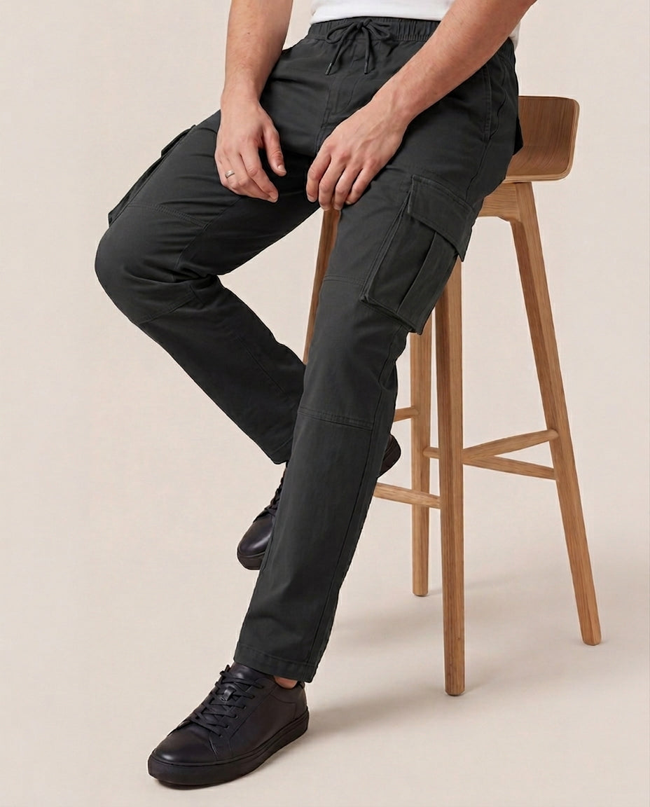 Grey Solid Cargo Pants For Men