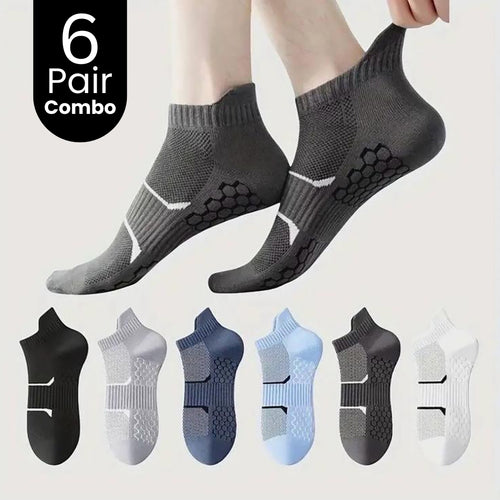 Combo pack of 6 pairs men's ankle socks in assorted colors, breathable and cushioned design