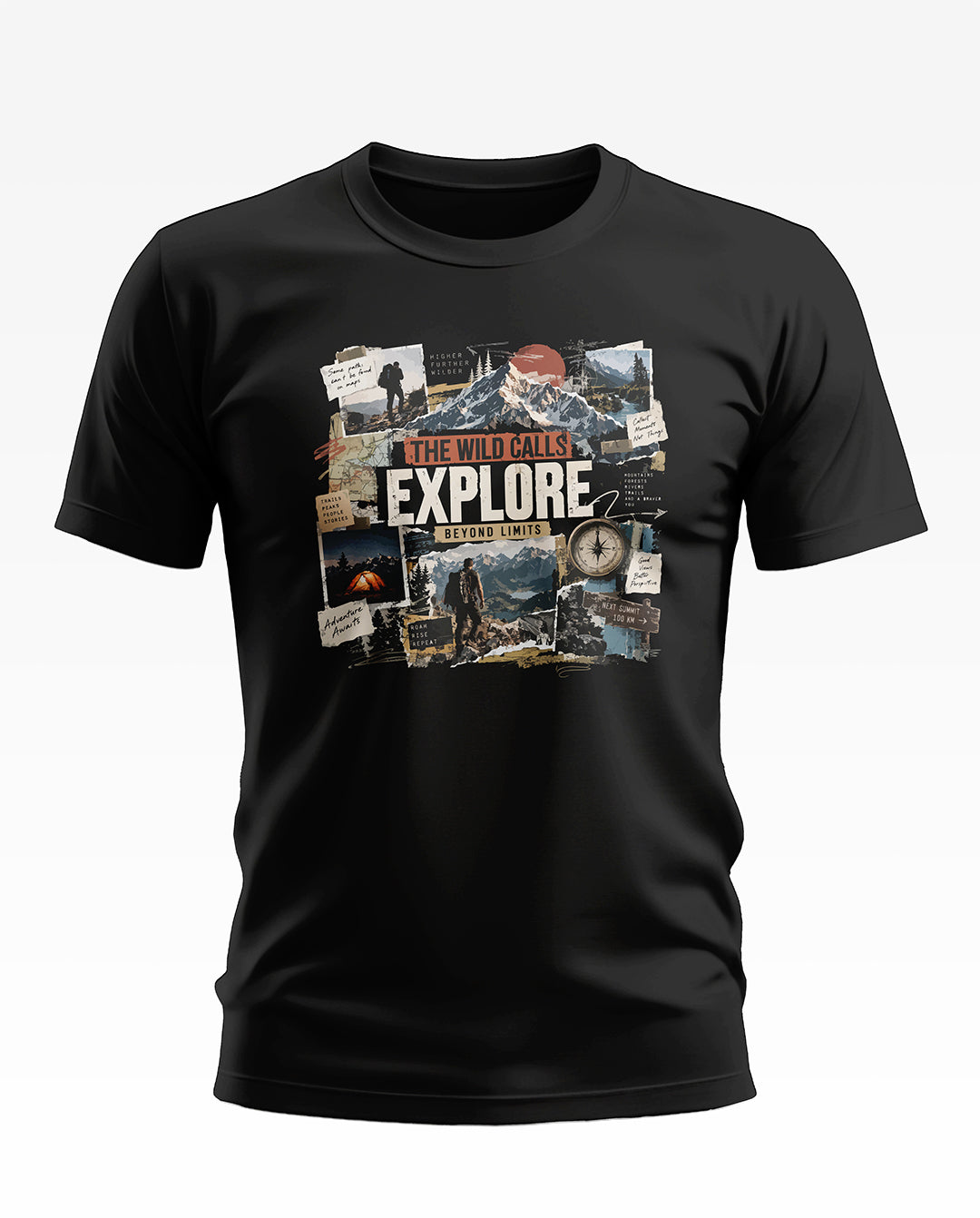 Explore Beyond Limits Adventure Collage Soft Cotton T-shirt