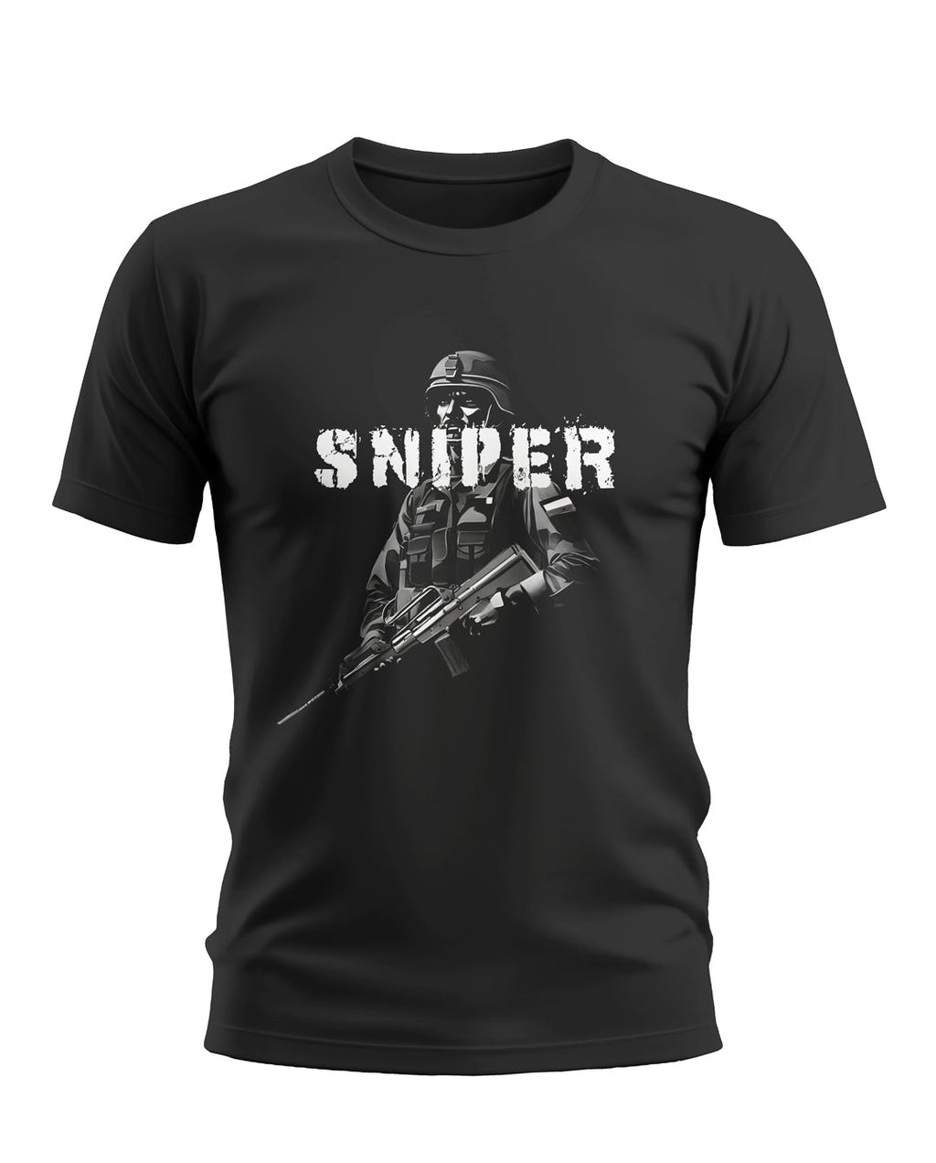 Black men's t-shirt featuring a soldier graphic and SNIPER text, army-inspired fashion