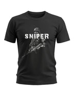 Black men's t-shirt featuring a soldier graphic and SNIPER text, army-inspired fashion