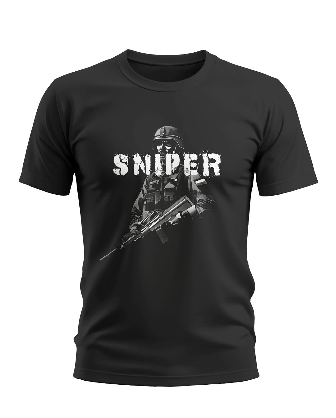 Black men's t-shirt featuring a soldier graphic and SNIPER text, army-inspired fashion
