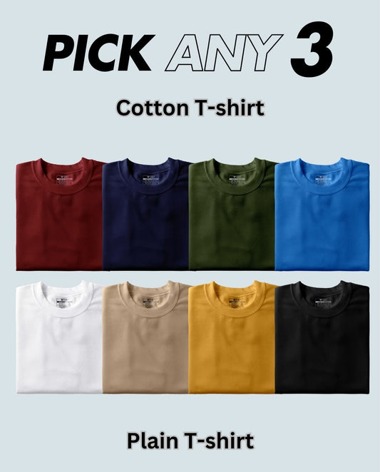 Pick Any 3 - Plain Round Neck Cotton T-shirt Combo