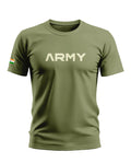 Olive green men's t-shirt with 'ARMY' text and Indian flag on sleeve