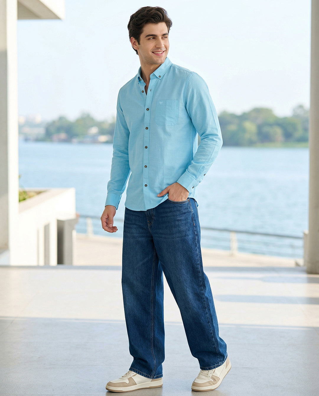 Full-Sleeve Breeze Linen Shirt in Sky Blue