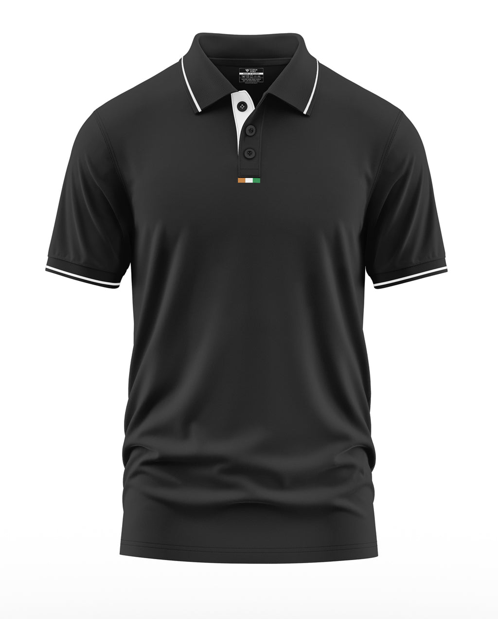 Black men's polo t-shirt with white collar trim, short sleeves, and tricolor button placket detail.