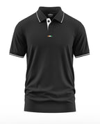 Black men's polo t-shirt with white collar trim, short sleeves, and tricolor button placket detail.