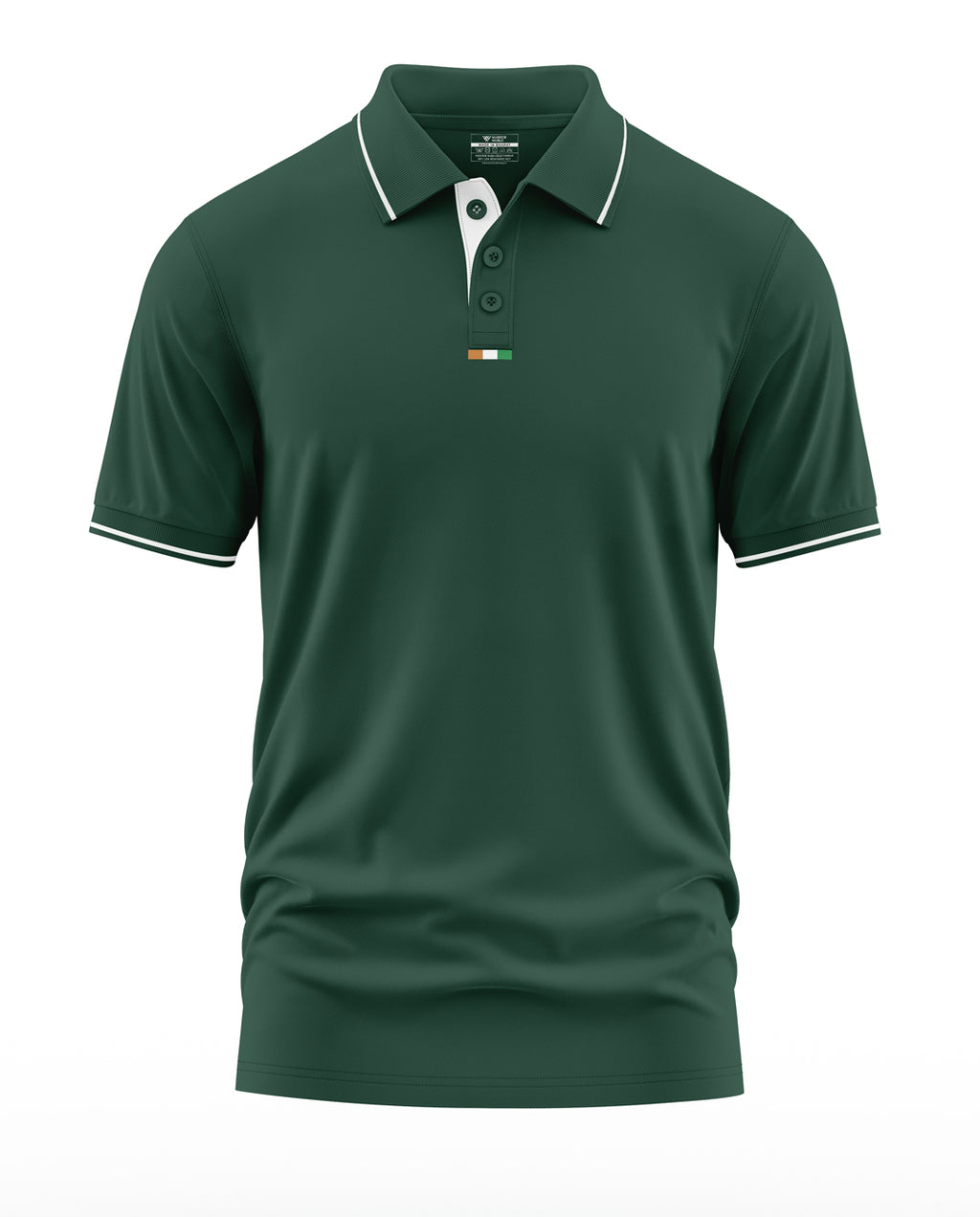 Green men's polo t-shirt with white trim, short sleeves, button placket, and India flag detail