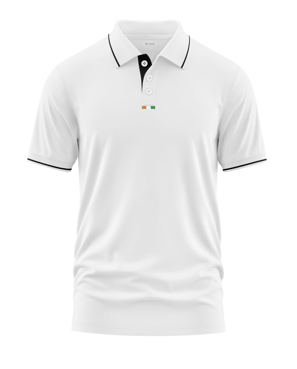 White men's polo t-shirt with black collar trim, button placket, and small tricolor accent.