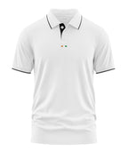 White men's polo t-shirt with black collar trim, button placket, and small tricolor accent.