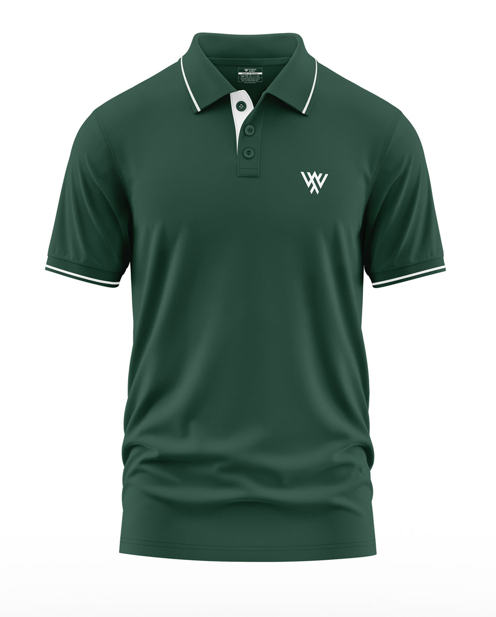 Men's green polo t-shirt with white collar piping and chest logo, short sleeves