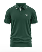 Men's green polo t-shirt with white collar piping and chest logo, short sleeves