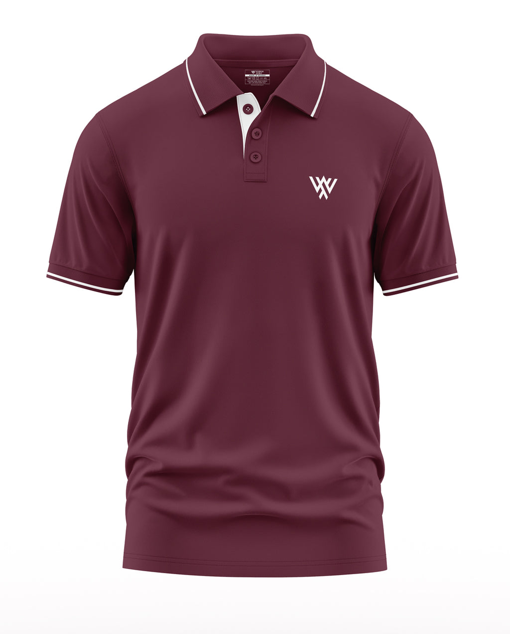 Men's maroon polo t-shirt with white collar trim, short sleeves, and chest logo