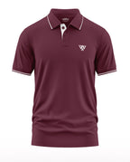 Men's maroon polo t-shirt with white collar trim, short sleeves, and chest logo