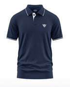 Navy blue men's polo t-shirt with short sleeves, white trim, and embroidered chest logo