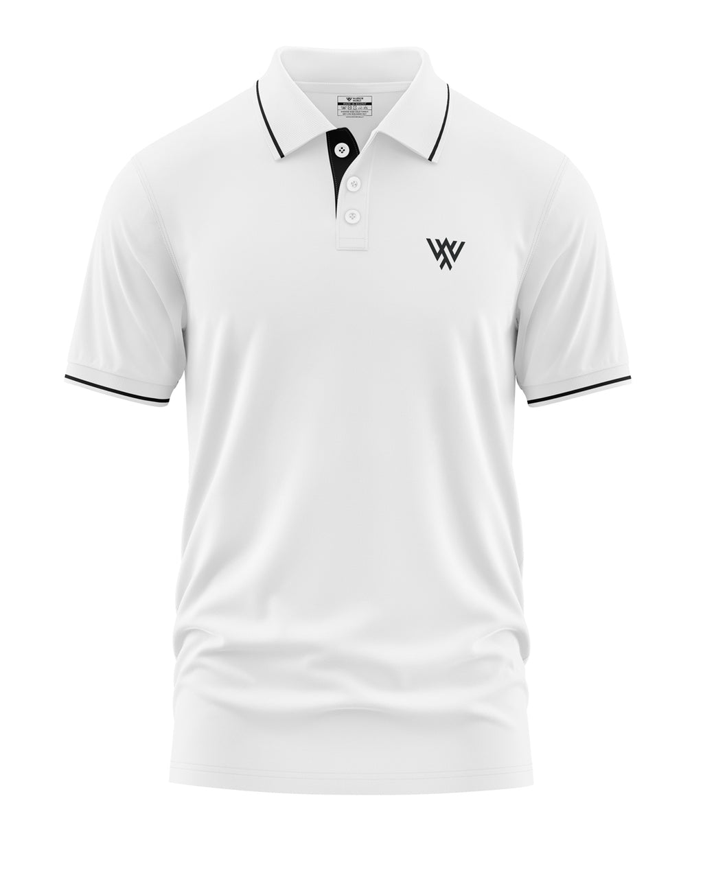 White men's polo t-shirt with black collar trim and chest logo, short sleeves, casual wear