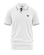 White men's polo t-shirt with black collar trim and chest logo, short sleeves, casual wear