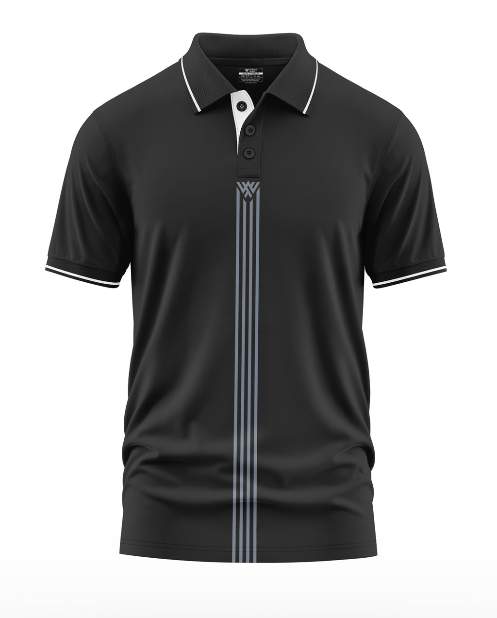 Black men's polo t-shirt with white striped collar and vertical center stripes