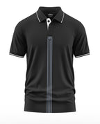 Black men's polo t-shirt with white striped collar and vertical center stripes
