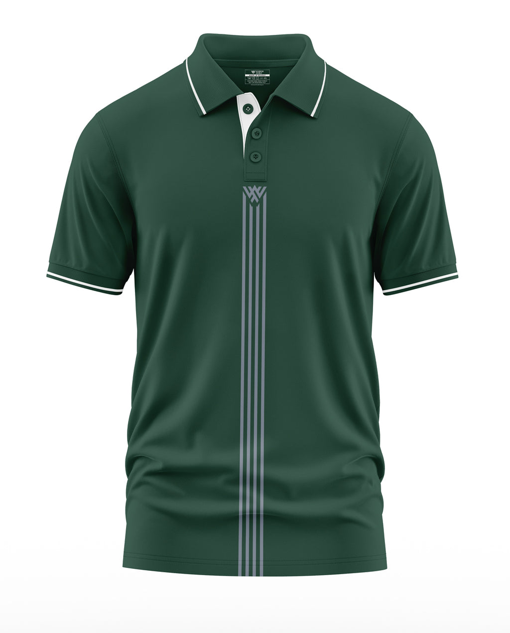 Men's green polo t-shirt with white stripes and short sleeves, front button placket