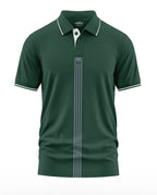 Men's green polo t-shirt with white stripes and short sleeves, front button placket