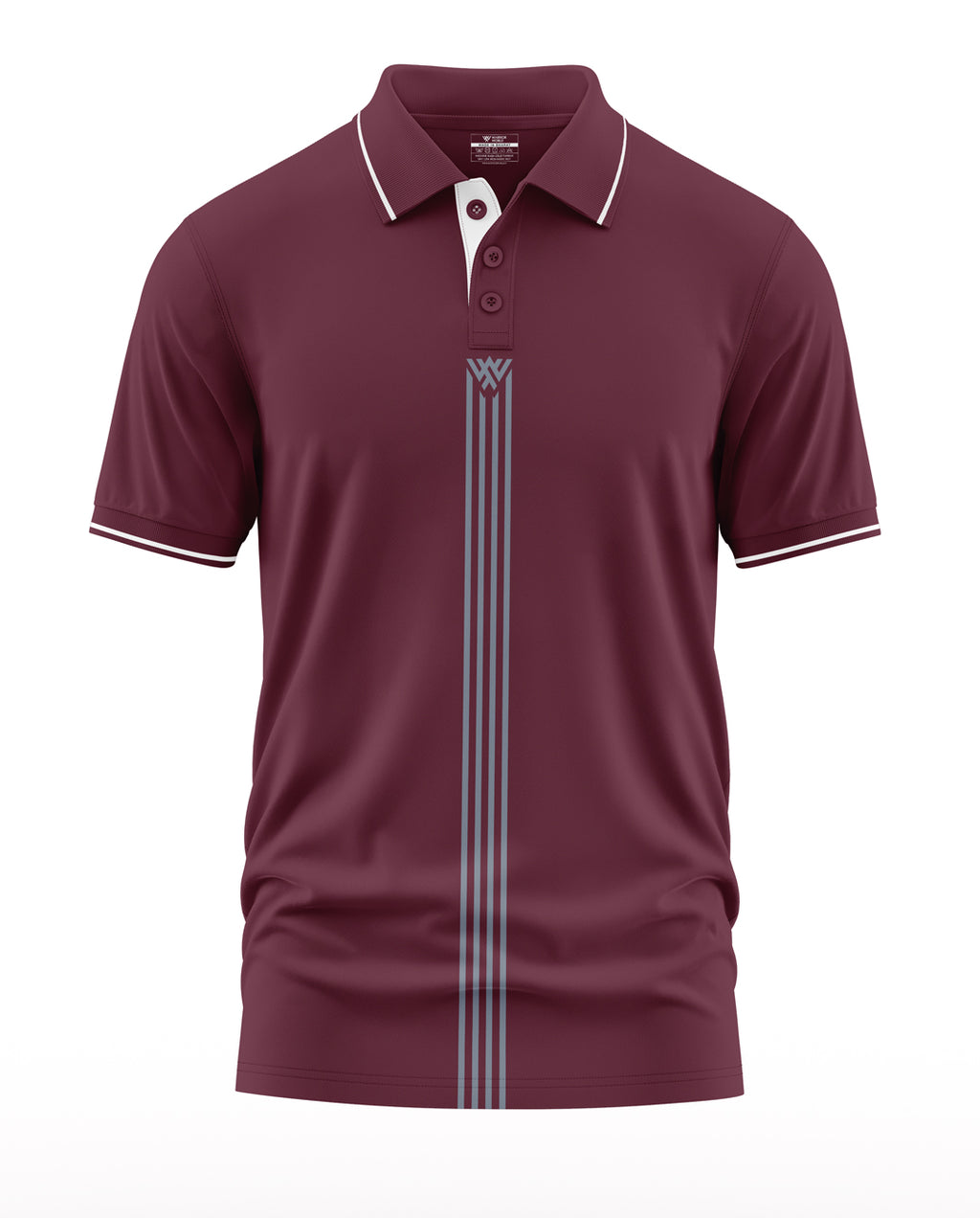 Men's maroon polo t-shirt with white collar, stripe accents, and vertical design on front