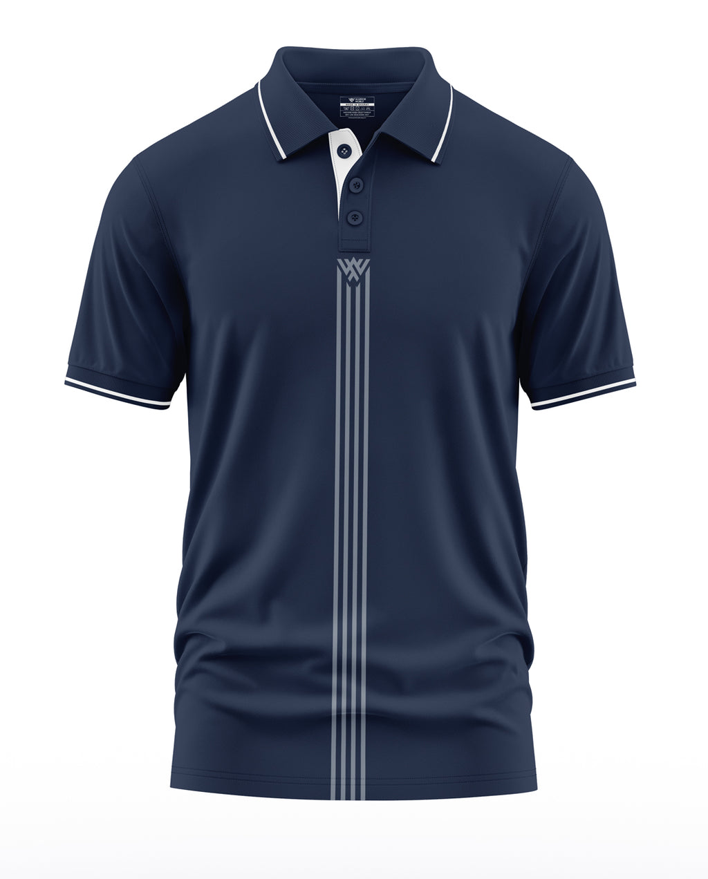 Navy blue men's polo t-shirt with white stripes and button collar, front vertical design
