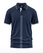 Navy blue men's polo t-shirt with white stripes and button collar, front vertical design