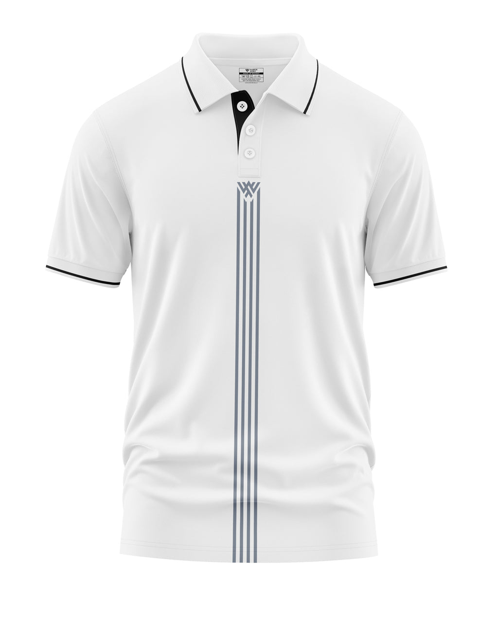 White men's polo t-shirt with black collar trim, vertical stripes, and short sleeves