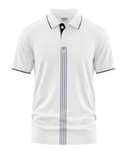 White men's polo t-shirt with black collar trim, vertical stripes, and short sleeves