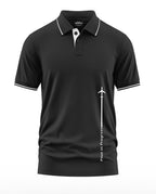 Black men's polo shirt with white trim, airplane graphic, and 'Pilot in Progress' text.