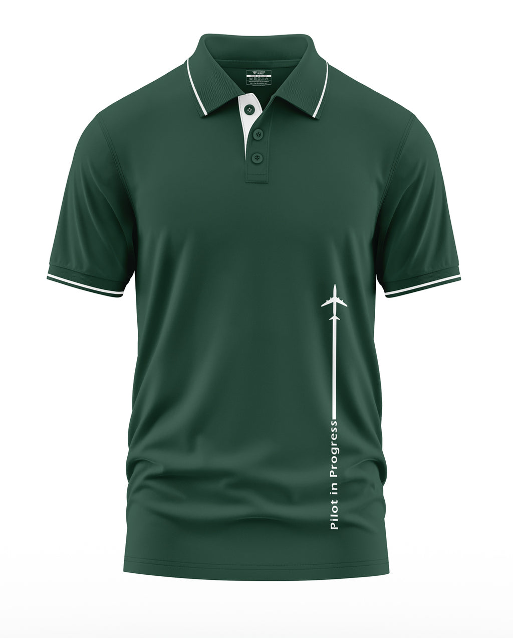 Dark green men's polo shirt with white collar trim and 'Pilot in Progress' airplane graphic