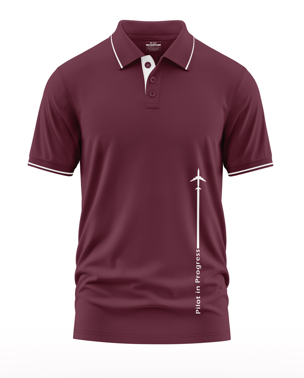 Maroon men's polo t-shirt with white trim and airplane 'Pilot in Progress' graphic print