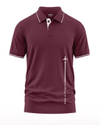 Maroon men's polo t-shirt with white trim and airplane 'Pilot in Progress' graphic print